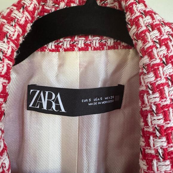 Zara Womens Tailored Double Breasted Red White Tweed Blazer Jacket Size Small - Picture 8 of 11